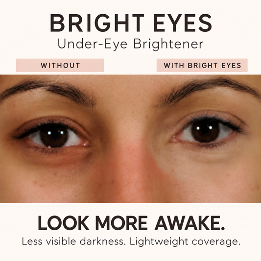 BRIGHT EYES under-eye brightener comparison showing one eye without product and one with lightweight mineral coverage for brighter-looking under-eyes.