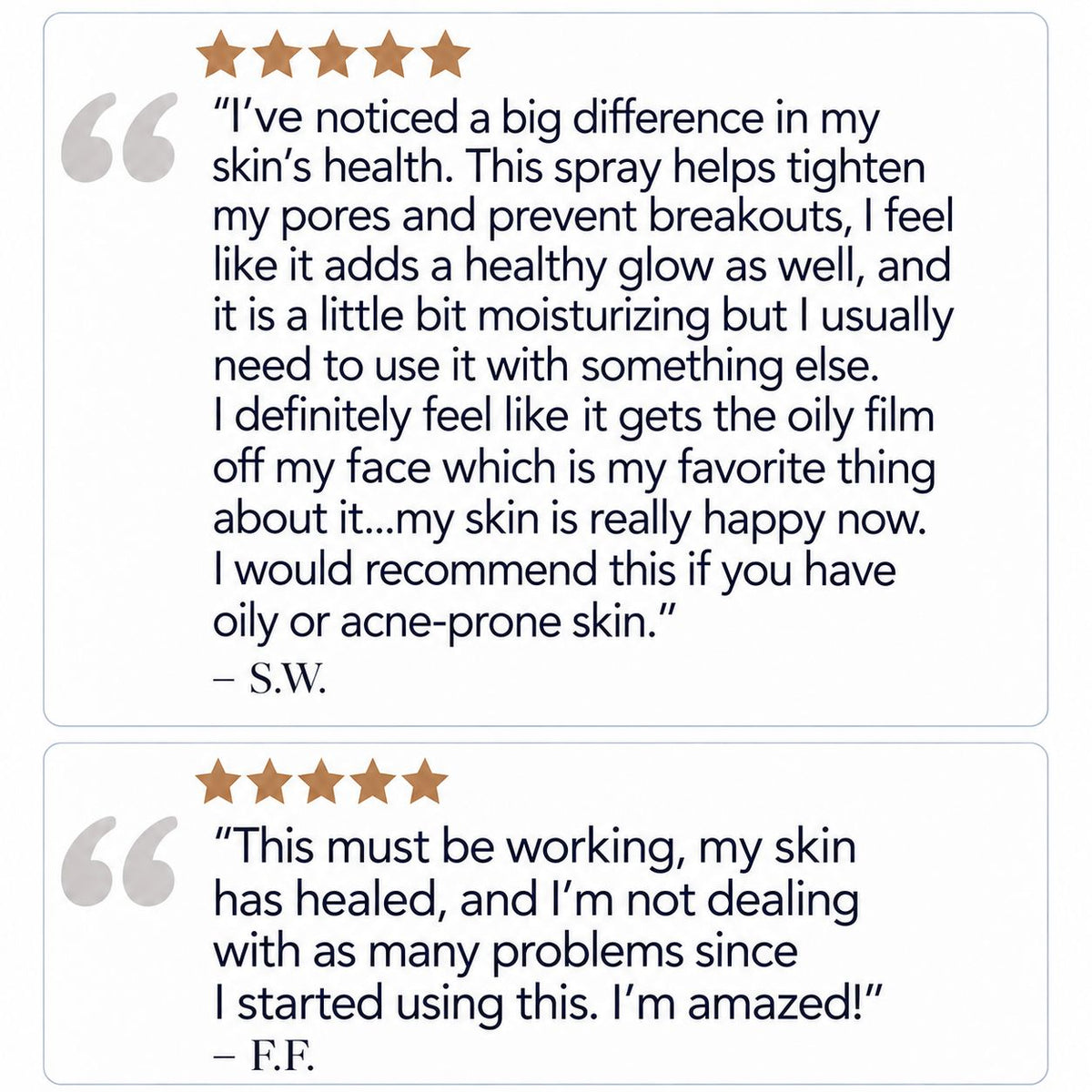 Two customer review testimonials with star ratings on a white background, featuring large gray quote marks and text praising a skincare spray.
