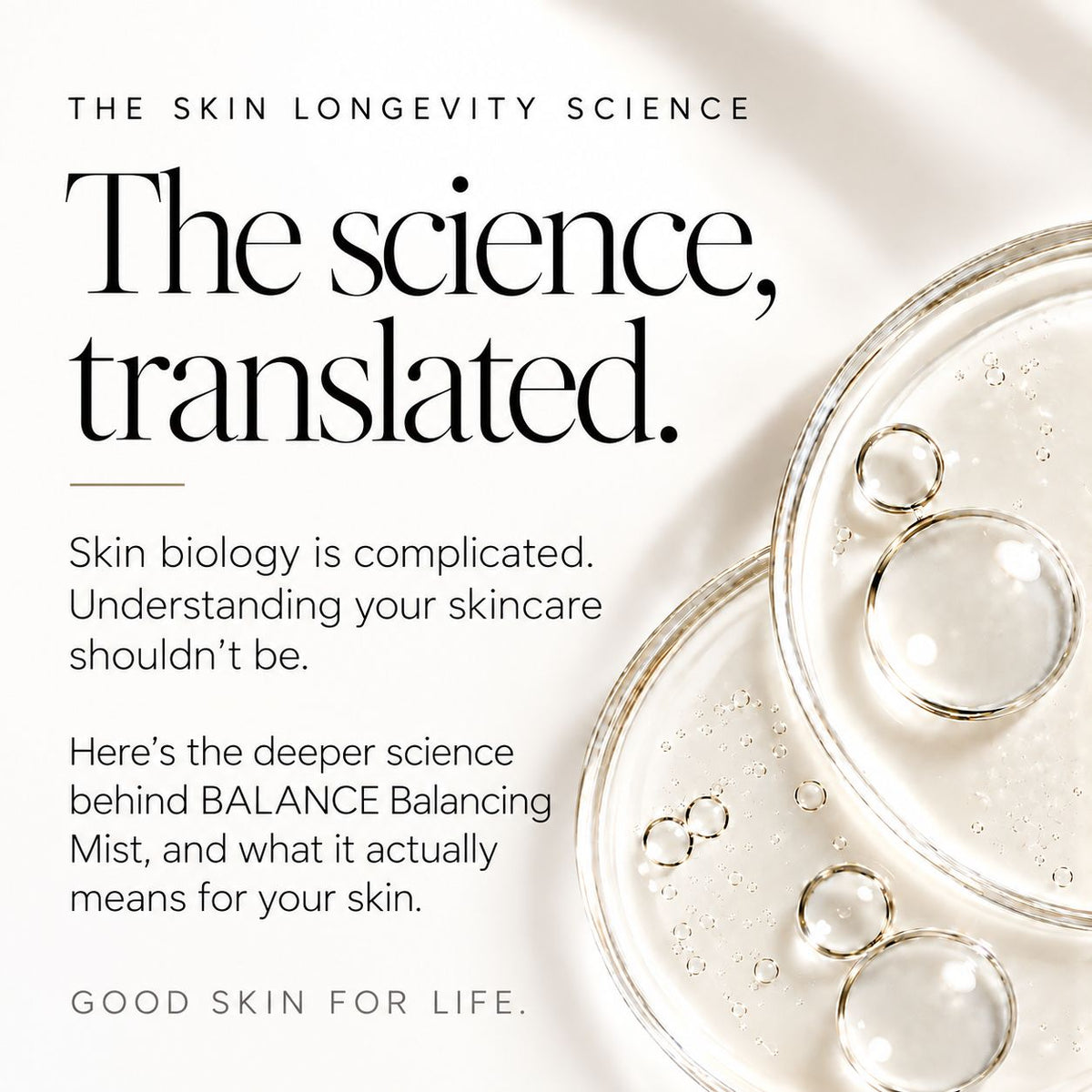 Promotional skincare graphic with the text 'The science, translated.' and 'The skin longevity science' on a soft white background, alongside a close-up of clear liquid droplets in a glass petri dish.