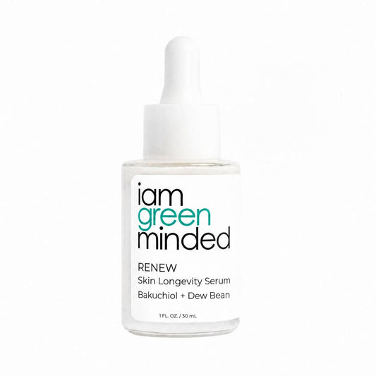 A 1 fl. oz. glass dropper bottle of iam green minded RENEW Skin Longevity Serum on a solid white background.
