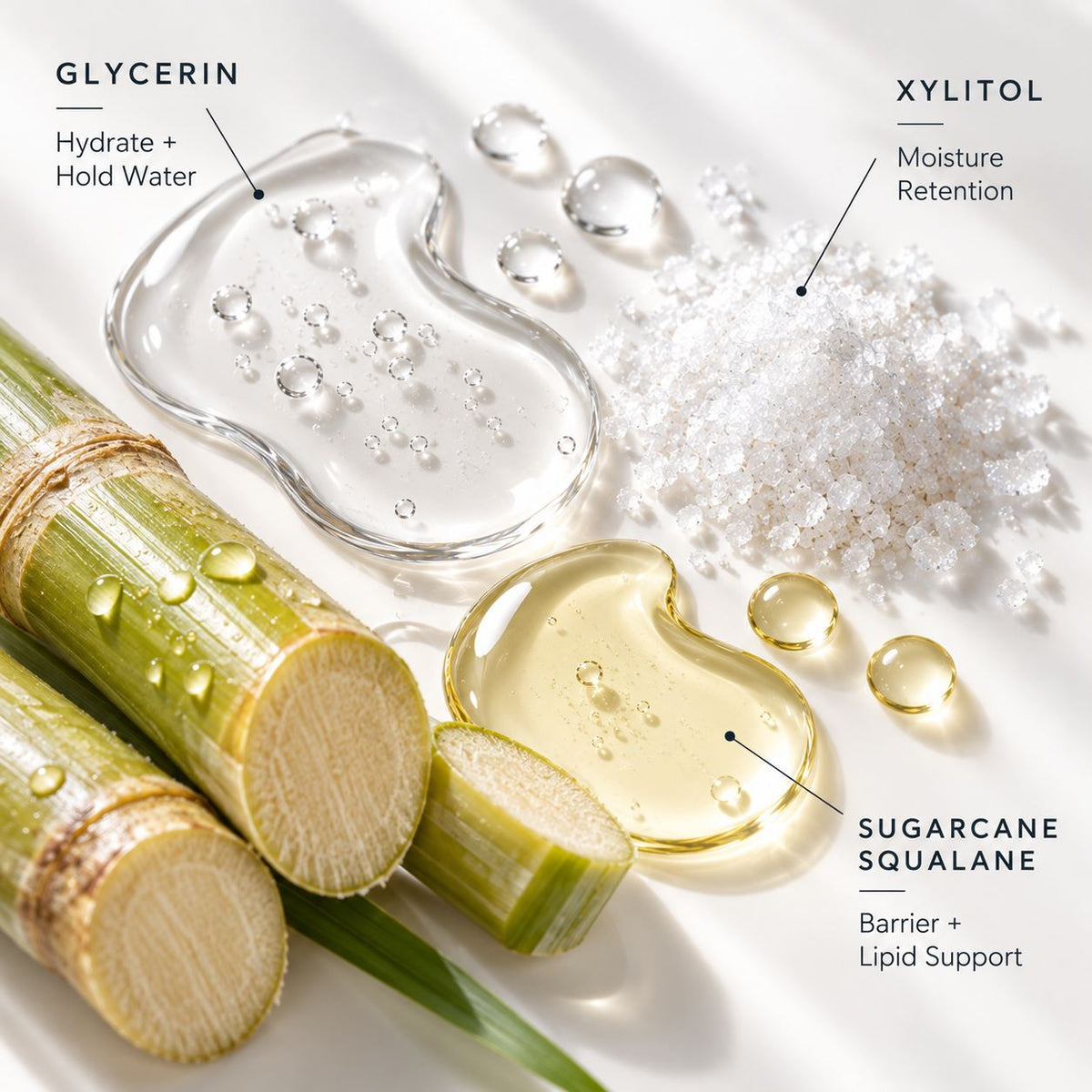 A styled flat-lay of skincare ingredients on a white surface: two green sugarcane stalks, a clear gel swatch labeled 'GLYCERIN', a white powder labeled 'XYLITOL', and a golden translucent gel swatch labeled 'SUGARCANE SQUALANE'. Text callouts explain the benefits of each ingredient.