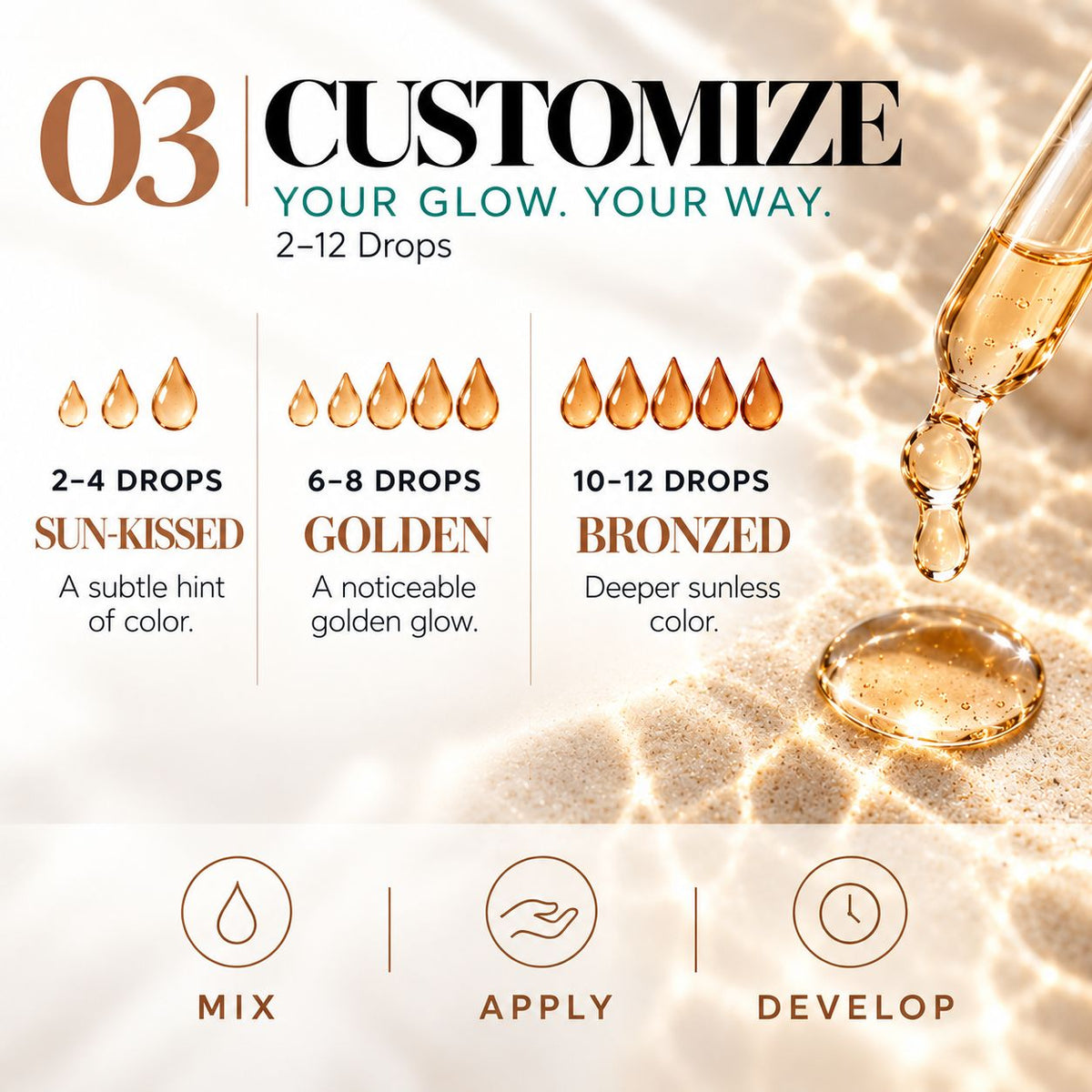 Customizable hair dye dropper graphic showing three color options: Sun-Kissed, Golden, and Bronzed, with drop counts and application steps on a warm beige background.