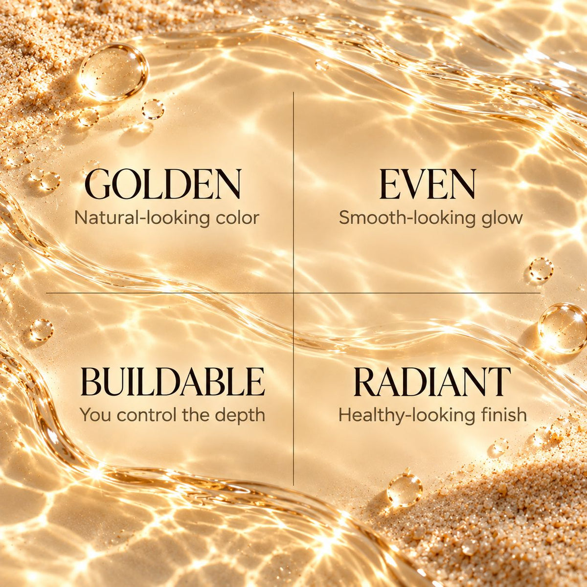 A four-quadrant promotional graphic with glowing golden liquid-like waves over sand, with text reading GOLDEN, EVEN, BUILDABLE, and RADIANT and smaller descriptors about color, glow, depth, and finish.
