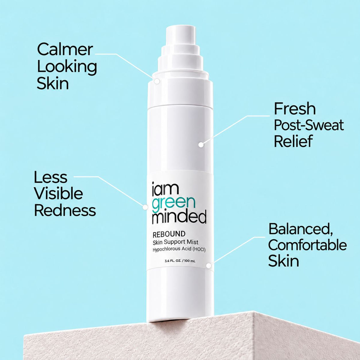 A white pump bottle of iam green minded REBOUND skin support mist stands on a light stone pedestal against a light blue background, surrounded by callout text describing skin benefits.