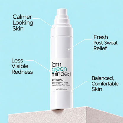 A white pump bottle of iam green minded REBOUND skin support mist stands on a light stone pedestal against a light blue background, surrounded by callout text describing skin benefits.