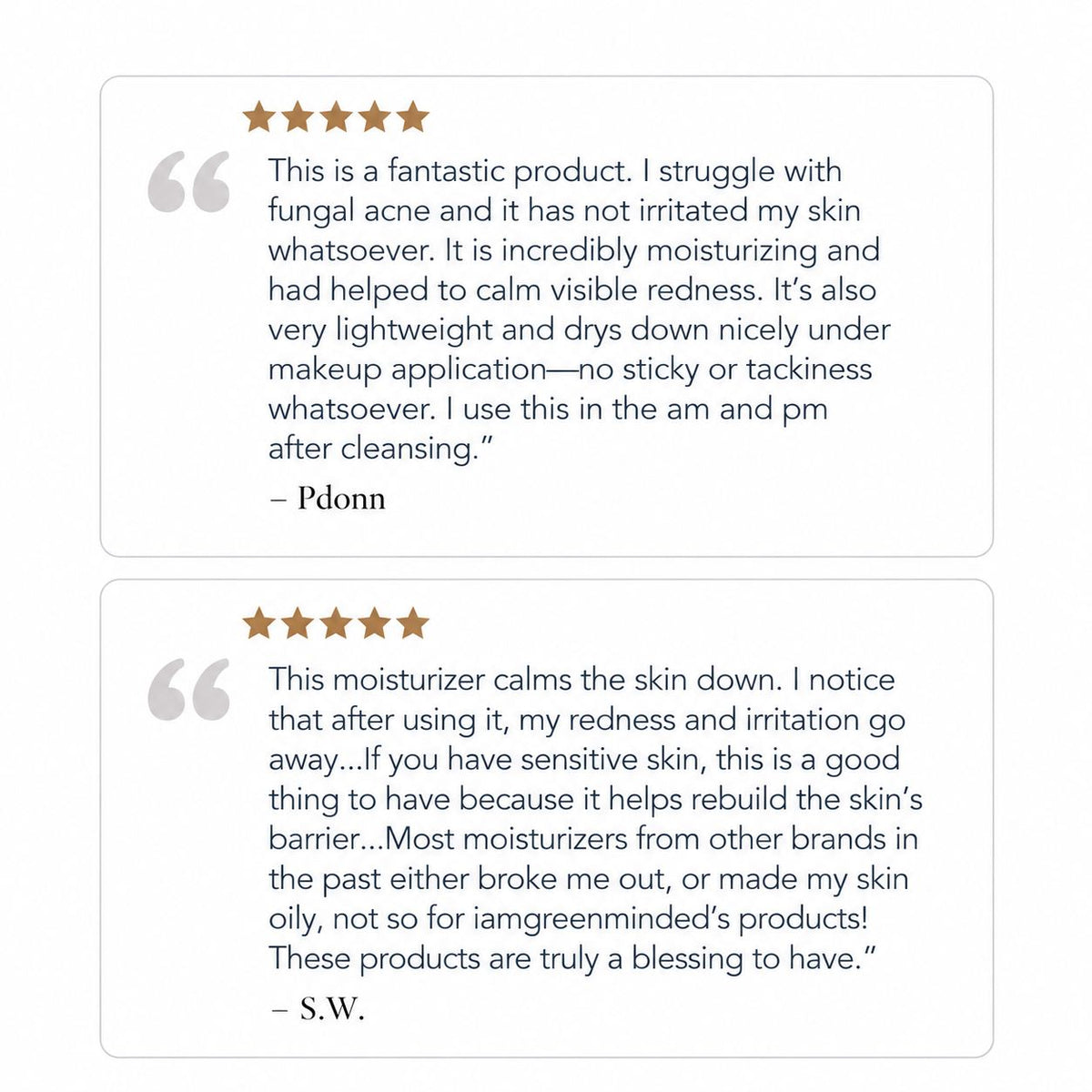 Two white review cards with gray rounded corners showing customer testimonials with five-star ratings and quote text on a light gray background.