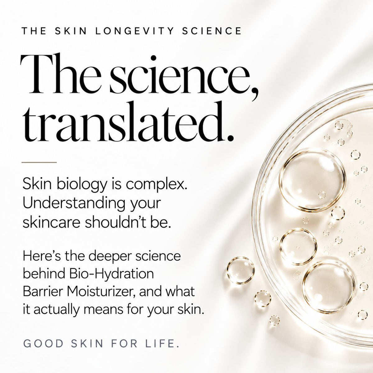 Promotional skincare graphic with the text 'The skin longevity science' and 'The science, translated.' on a white background, alongside a close-up of a clear petri dish containing liquid and bubbles.