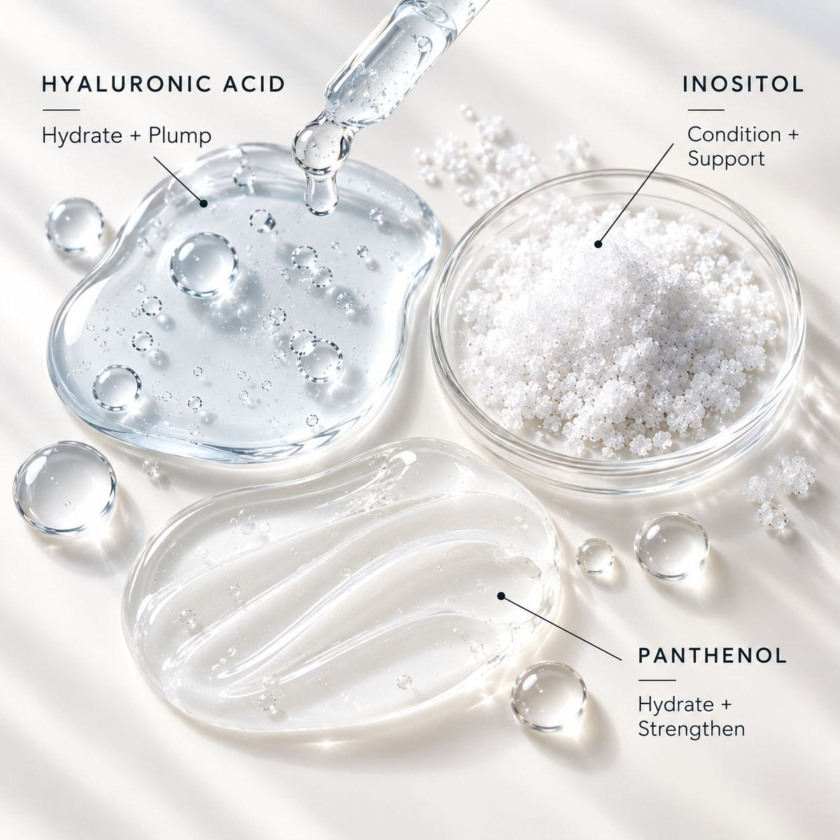 Three clear cosmetic gel pads labeled Hyaluronic Acid, Inositol, and Panthenol on a bright white background, with a glass pipette above the top pad and callout text pointing to each ingredient.